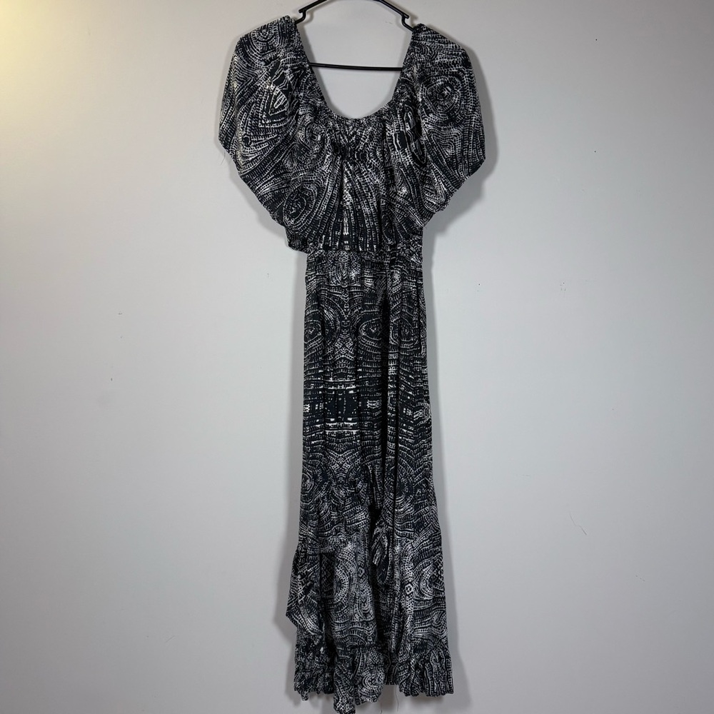 Flowy Black and White Patterned Off the Shoulder Hi-Low Dress